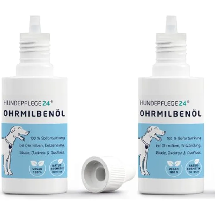 Hundepflege24 Ohrmilbenöl für Hunde, 2 x 50 ml, natürliche Ohrentropfen gegen Ohrmilben, Juckreiz und Ohrenentzündung