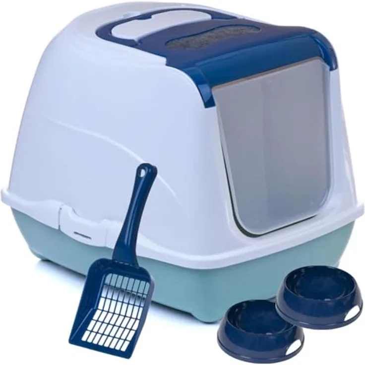 adena Katzentoilette Sondermodell 50, Katzenklo mit Haube in hochglanz weiß, inkl. Streuschaufel und Aktivkohlefilter, blau und Agave