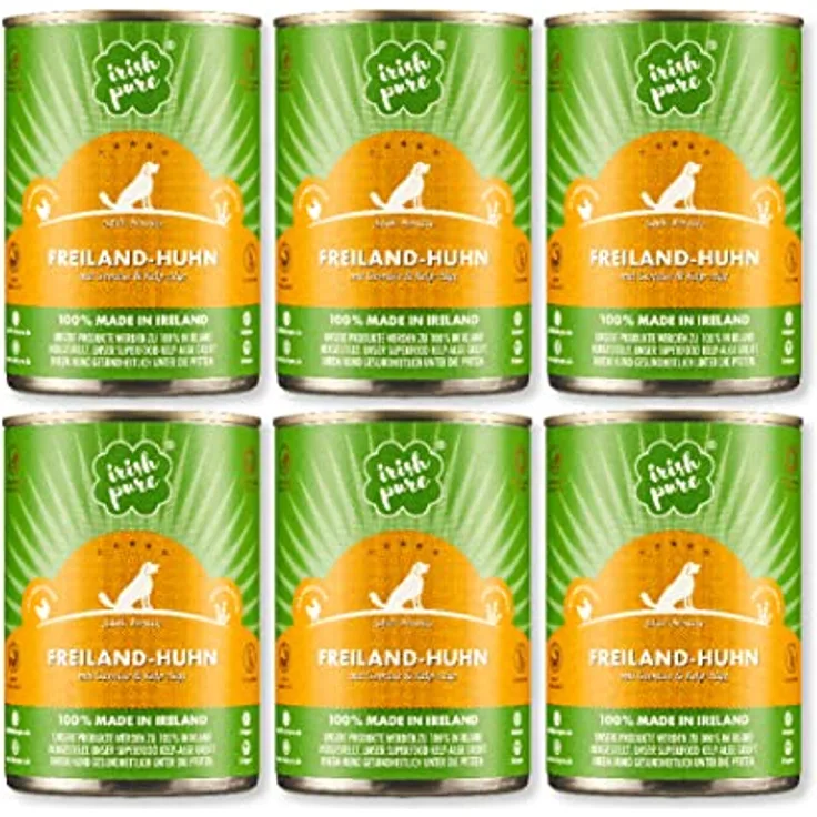 Irish Pure Premium Nassfutter für Hunde, irisches Huhn mit Vitamine, getreidefrei, sensitiv, mit Superfood Kelp-Alge, 6x 390g