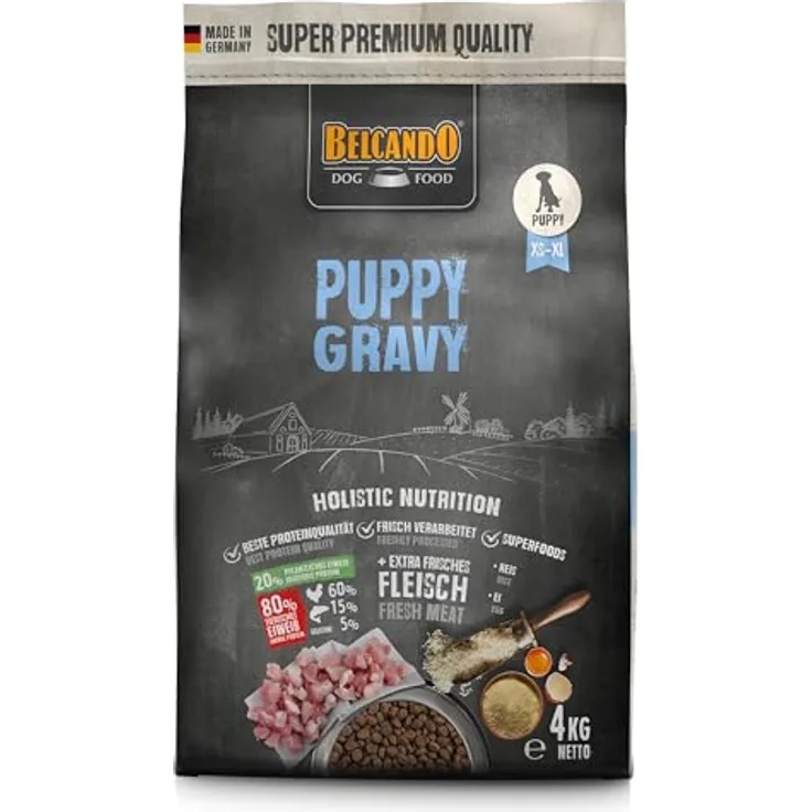 BELCANDO Puppy Gravy, Trockenfutter für Welpen bis 4 Monate, 30 % frisches Geflügel, 4 kg