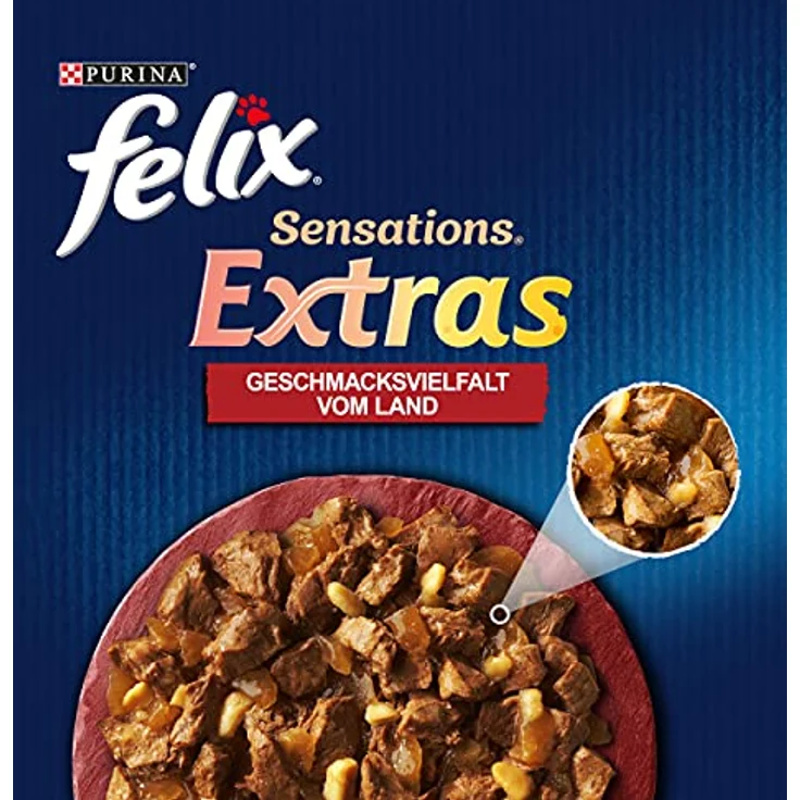 Felix Sensations Extras Katzenfutter nass in Gelee, Geschmacksvielfalt vom Land, 4er Pack mit Rind, Truthahn, Huhn und Lamm, 96 Beutel à 85g – Bild 3