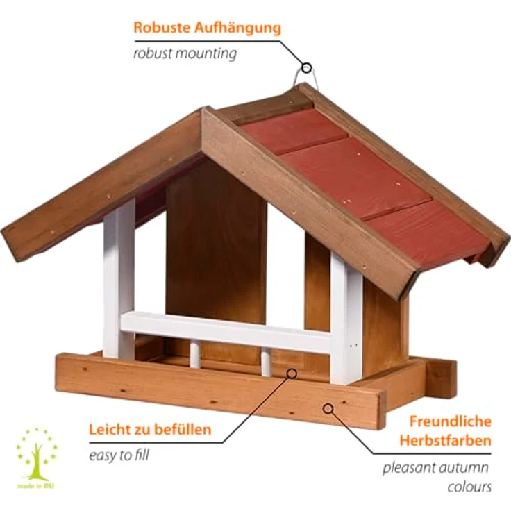 dobar® Green Label Großes Vogelhaus Herbstfrüchte, Futterstation für Wildvögel mit Wandaufhängung, 37,5 x 18 x 25 cm, Braun/Rot/Weiß – Bild 2