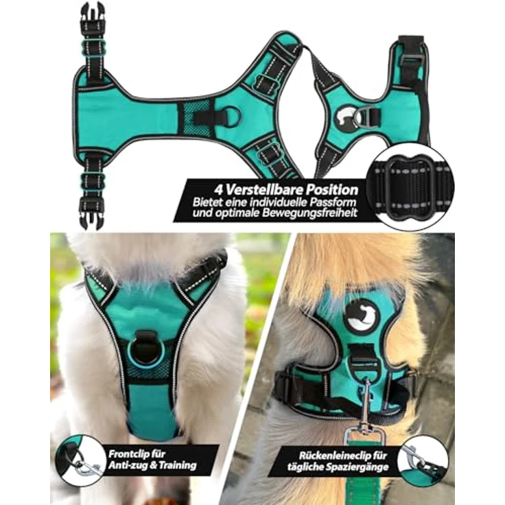 Joytale Hundegeschirr XL, reflektierendes, luftdurchlässiges Anti-Zug Brustgeschirr mit verstellbarem Griff, Türkis – Bild 2