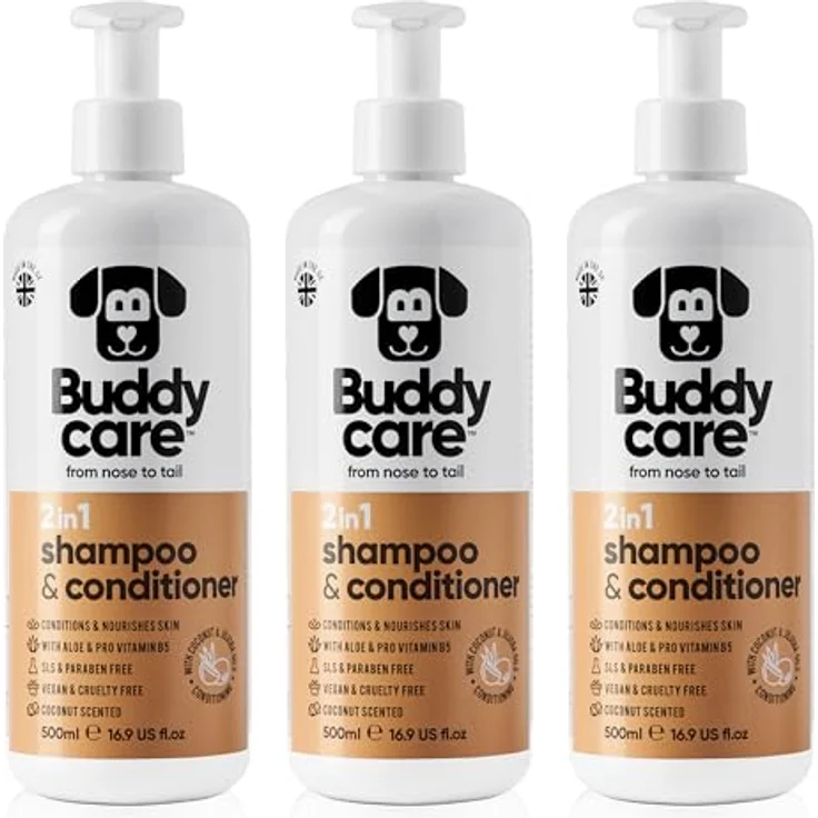 Buddycare 2in1 Shampoo & Conditioner, Hundeshampoo mit Aloe Vera und Pro-Vitamin B5, Kokosduft, 500ml x3 – Bild 1