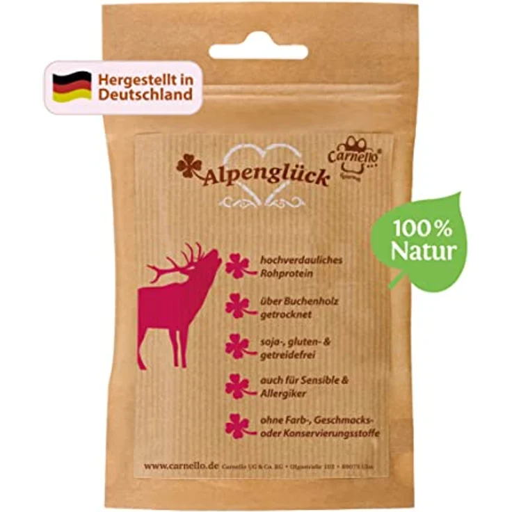 Carnello Alpenglück Platzhirsch Hundesnack, getreidefreies Hundefutter trocken, reich an Mineralien, 60g wiederverschließbarer Beutel – Bild 2