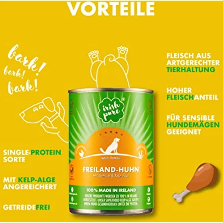 Irish Pure Premium Nassfutter für Hunde, irisches Huhn mit Vitamine, getreidefrei, sensitiv, mit Superfood Kelp-Alge, 6x 390g – Bild 3