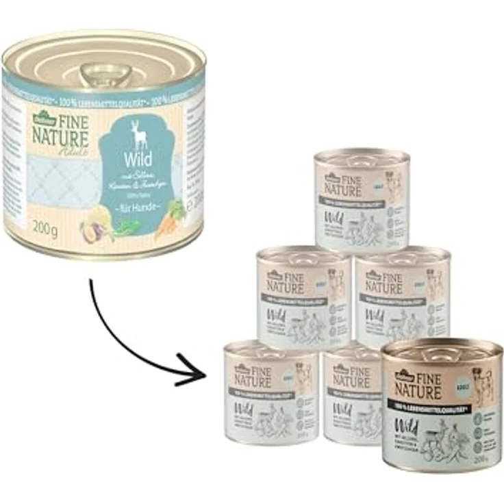 Dehner Fine Nature Hundefutter, Nassfutter in Lebensmittelqualität für ausgewachsene Hunde, Wild mit Sellerie und Karotten, 6 x 200 g Dose (1.2 kg) – Bild 3