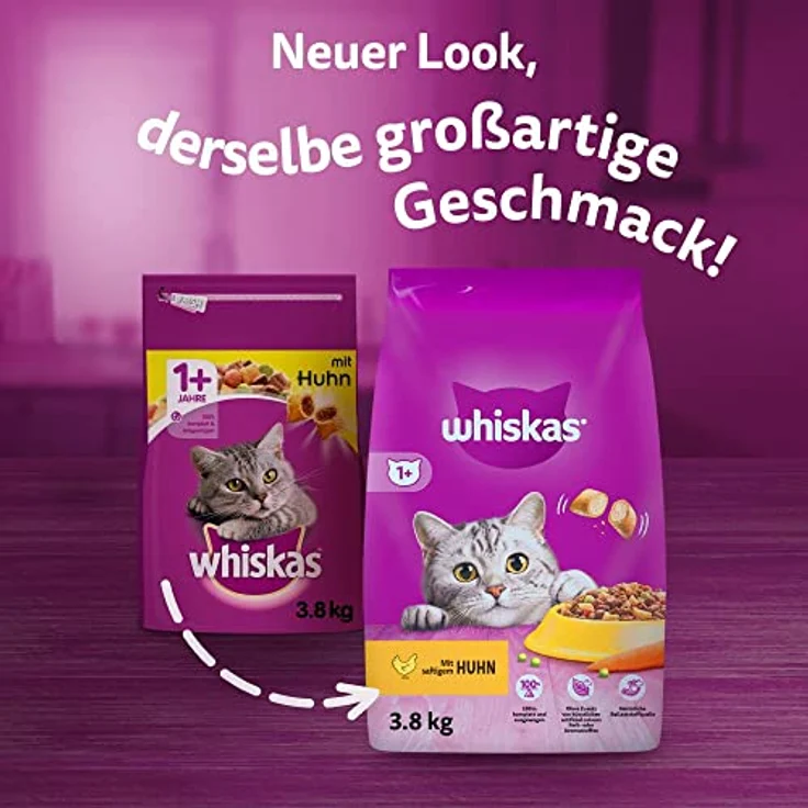 WHISKAS Katzen Trockenfutter Adult 1+ mit Huhn, 3,8kg Beutel, unterstützt Harnwegsgesundheit, mit Vitamin A und Zink – Bild 2