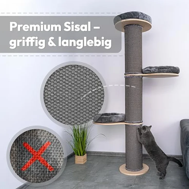 PET VIOLET Kratzbaum Wandmontiert 185 cm hoch, XXL Katzenbaum mit Premium Sisal Säulen, 3 Abnehmbaren & Waschbaren Kissen, Stabiler & Platzsparender Kratzbaum, Grau – Bild 4