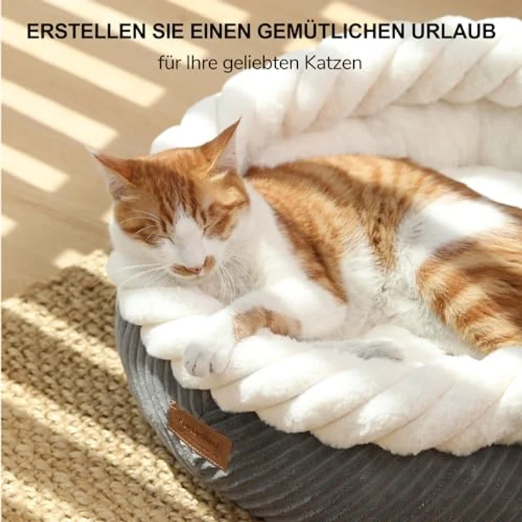 FUKUMARU Katzenbett, waschbar, 55x55x21cm, runder Katzenkorb mit erhöhtem Rand, weiches Cord, rutschfeste Unterseite, grau – Bild 2