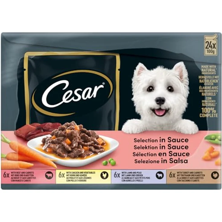 Cesar Portionsbeutel Multipack Selektion in Sauce, 4 Varietäten, 24 x 100g, ausgewogene Rezeptur ohne Zuckerzusatz – Bild 5