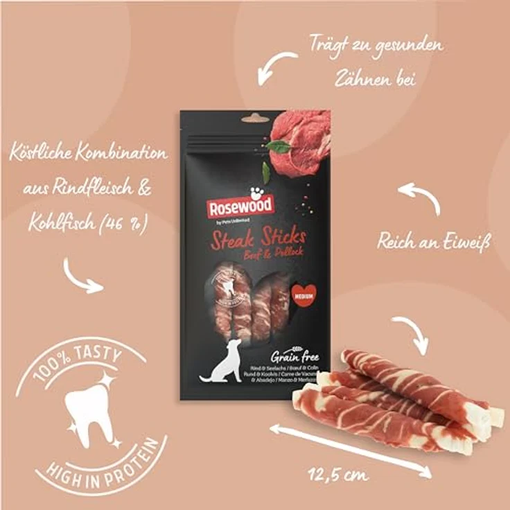 Rosewood Steak Sticks Rind & Seelachs, Kausnack aus Rinderhaut für Hunde, unterstützt die Zahnpflege, ohne Getreide, 4 Stück, 90 g – Bild 3
