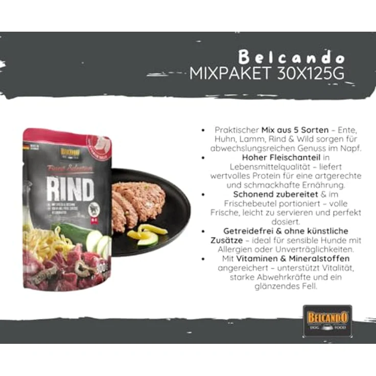 Belcando Finest Selection Hundefutter, Nassfutter-Mix in Frischebeuteln 30x125g, ohne Getreide, mit Huhn, Ente, Lamm, Rind & Wild, hochwertiges Alleinfuttermittel für ernährungssensible Hunde – Bild 3
