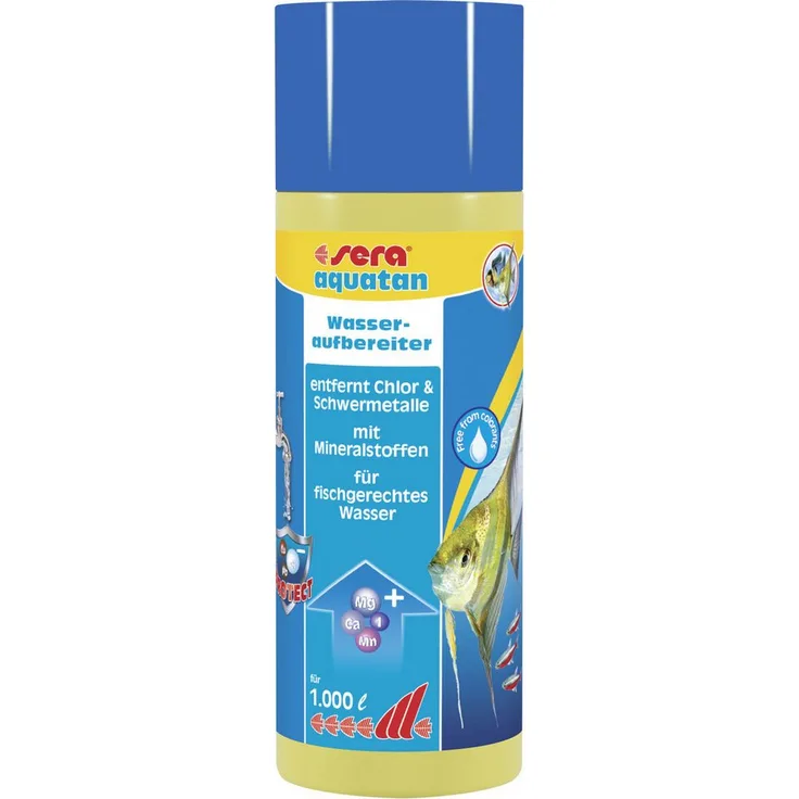 Sera Aquariumwasseraufbereiter aquatan 250 ml, entfernt Chlor und bindet Schwermetalle, mineralstoffreich für gesundes Aquarienwasser
