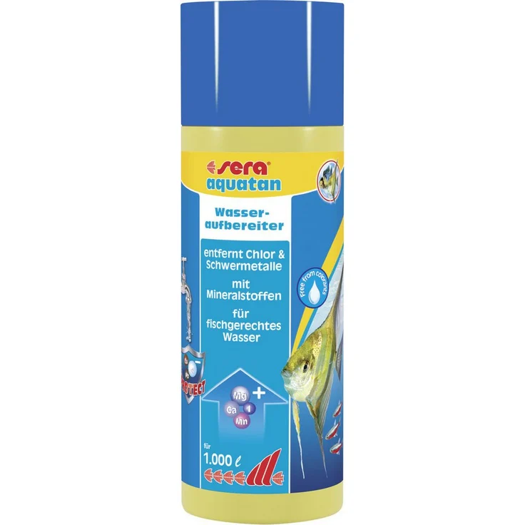 Sera Aquariumwasseraufbereiter aquatan 250 ml, entfernt Chlor und bindet Schwermetalle, mineralstoffreich für gesundes Aquarienwasser