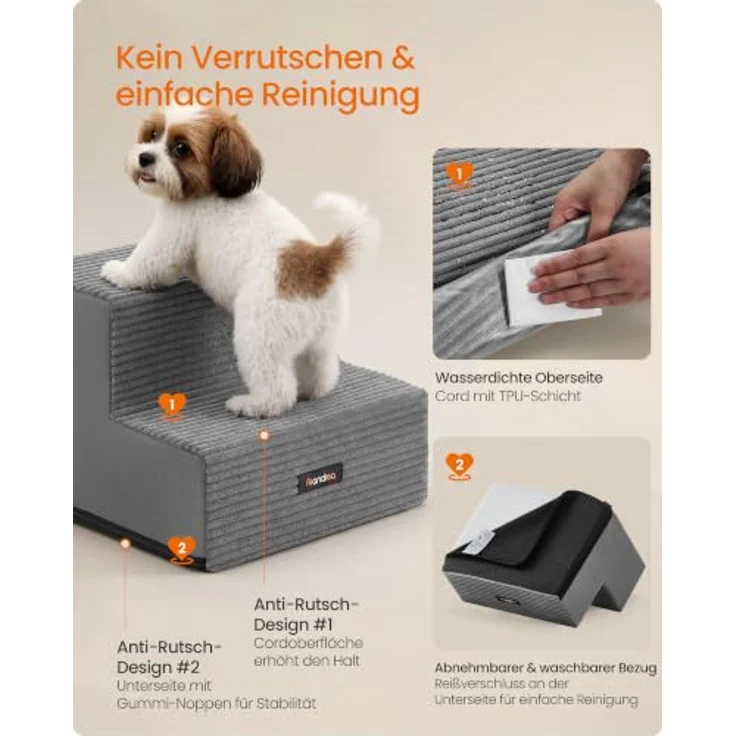 Feandrea Hundetreppe, 2 Stufen Katzentreppe für Kleine Hunde, Hochdichter Schaumstoff, 30 x 38 x 28 cm, Ruhiges Grau, Waschbar und Wasserdicht, Antirutsch-Oberfläche, Baddi Kollektion PPS022GD01 – Bild 5