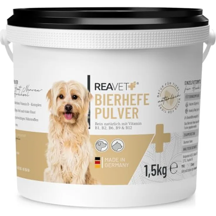 ReaVET Bierhefe Pulver für Hunde & Katzen, 1,5kg – Natürliche Ergänzung für glänzendes Fell & vitale Haut, reich an Biotin und B-Vitaminen, ohne Zusatzstoffe