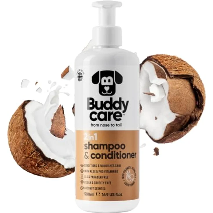 Buddycare 2in1 Hundeshampoo und Conditioner, 500ml, mit Aloe Vera und Pro-Vitamin B5 für alle Hunderassen, vegan, pH-ausgeglichen, Kokosduft – Bild 1