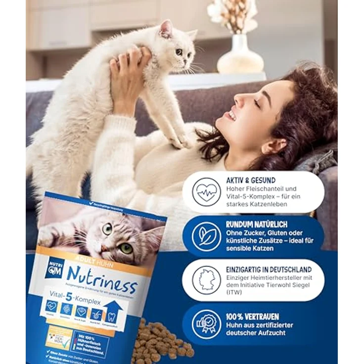 NutriQM Nutriness Adult Trockenfutter Huhn, 5×800 g - ohne Gluten & Zucker, hohe Akzeptanz & glänzendes Fell, Initiative Tierwohl zertifiziert, Made in Germany – Bild 3