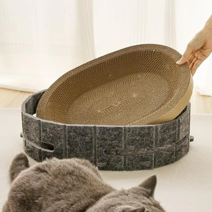 Lyveo Katzenbett mit Kratzbrett & Spielball, 3-in-1 Katzenzubehör für kleine bis mittelgroße Katzen, grau, 43×34×11 cm – Bild 3