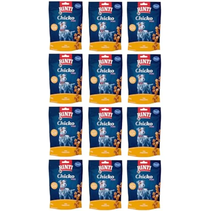 Rinti Chicko Mini Käsewürfel mit Huhn, 12er Pack, 12 x 80 g, aus frischem Hühnerbrustfilet, schonend luftgetrocknet, wiederverschließbar, ohne Soja und Fleischmehle