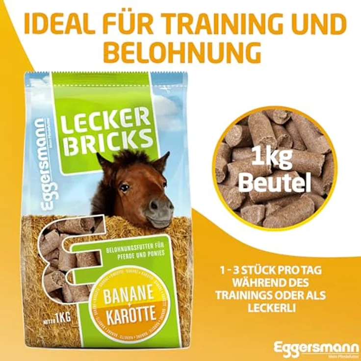 Eggersmann Mein Pferdefutter Pferde-Leckerlis, 1kg Lecker Bricks mit natürlichem Banane-Karotte-Geschmack, ideal als Belohnung für Pferde & Ponys, hochwertige Qualität, deutsche Herstellung – Bild 5