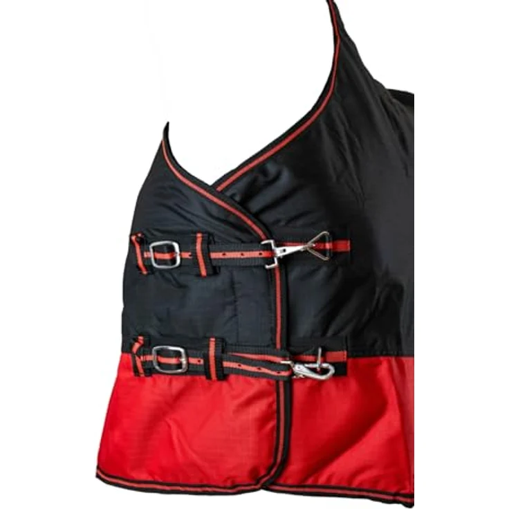 RL24 Winterdecke Weidedecke 600D Basicline, atmungsaktive Wind- & wasserdichte Outdoordecke mit Innenfutter & Kreuzbegurtung, Pferdedecke Schwarz/Rot, 85cm (200g/m² Füllung) – Bild 5