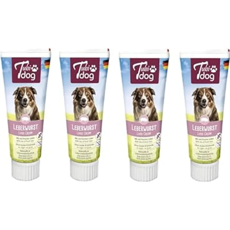 Tubi dog Delikatess Leberwurst aus der Tube für Hunde, 4er Pack mit 4 x 75 g, fettreduzierte zuckerfreie Snackpaste ohne Konservierungsstoffe, praktische Soft-Touch-Tube
