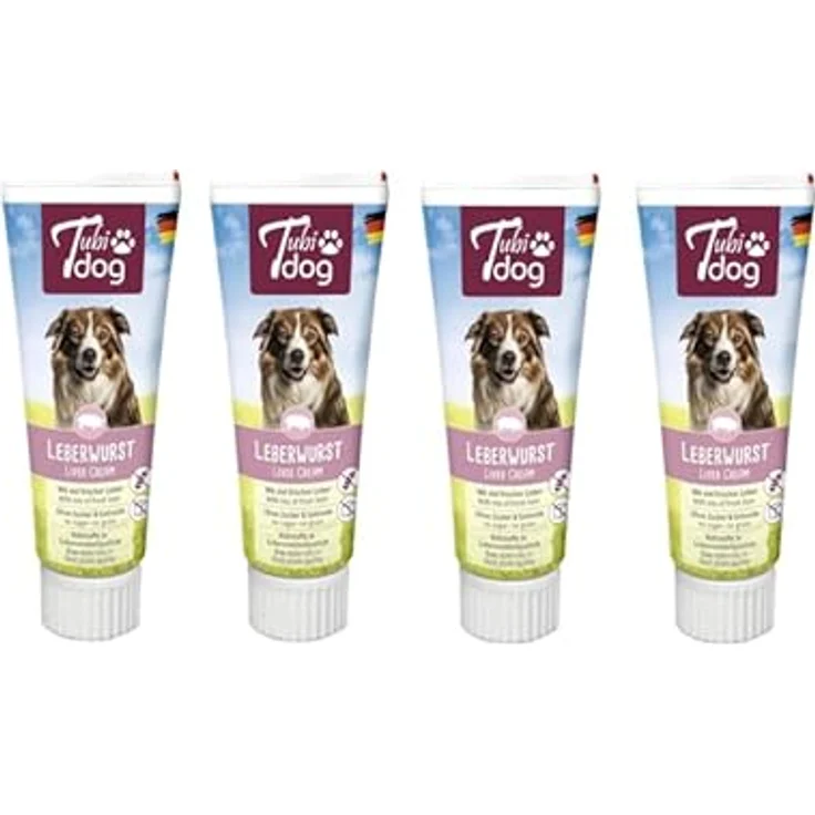 Tubi dog Delikatess Leberwurst aus der Tube für Hunde, 4er Pack mit 4 x 75 g, fettreduzierte zuckerfreie Snackpaste ohne Konservierungsstoffe, praktische Soft-Touch-Tube – Bild 1