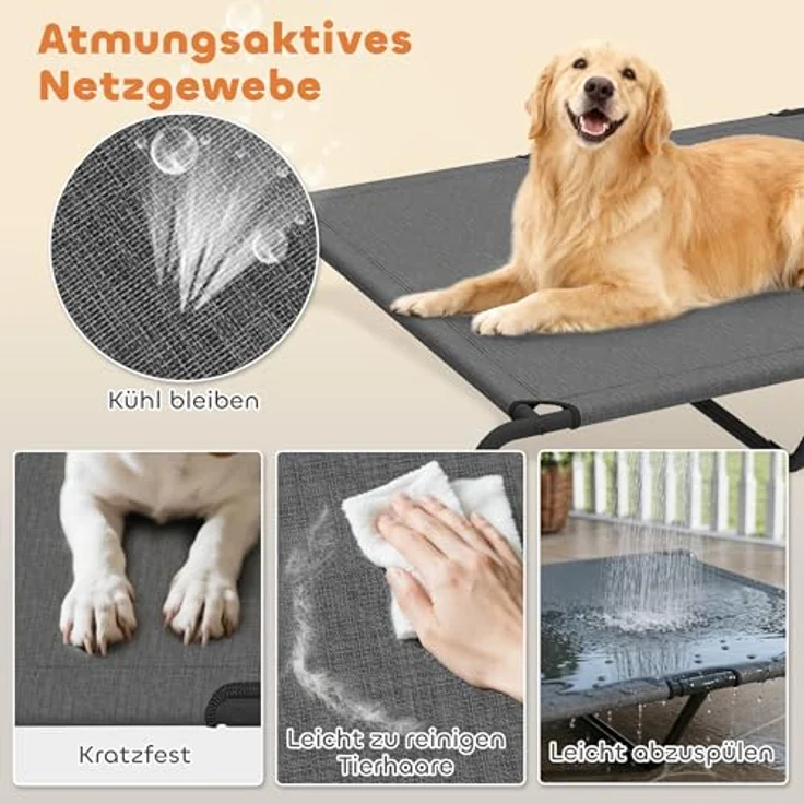 PawHut Erhöhtes Hundebett für große Hunde, Outdoor Hundeliege mit Stahlrahmen, atmungsaktivem Netzgewebe, tragbar, grau, 152x94x23 cm – Bild 4