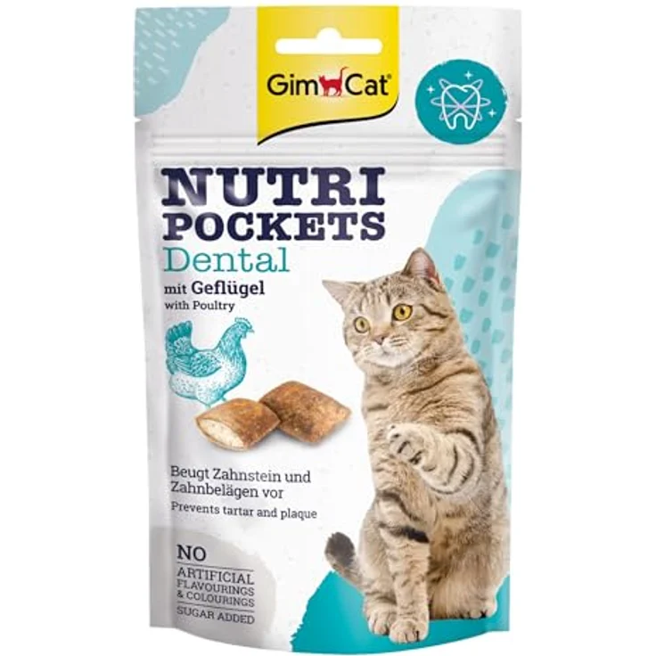 GimCat Nutri Pockets Dental, Knuspriger Katzensnack mit cremiger Füllung, 60 g, mit Geflügel und Zahngesundheitsfördernden Inhaltsstoffen – Bild 1