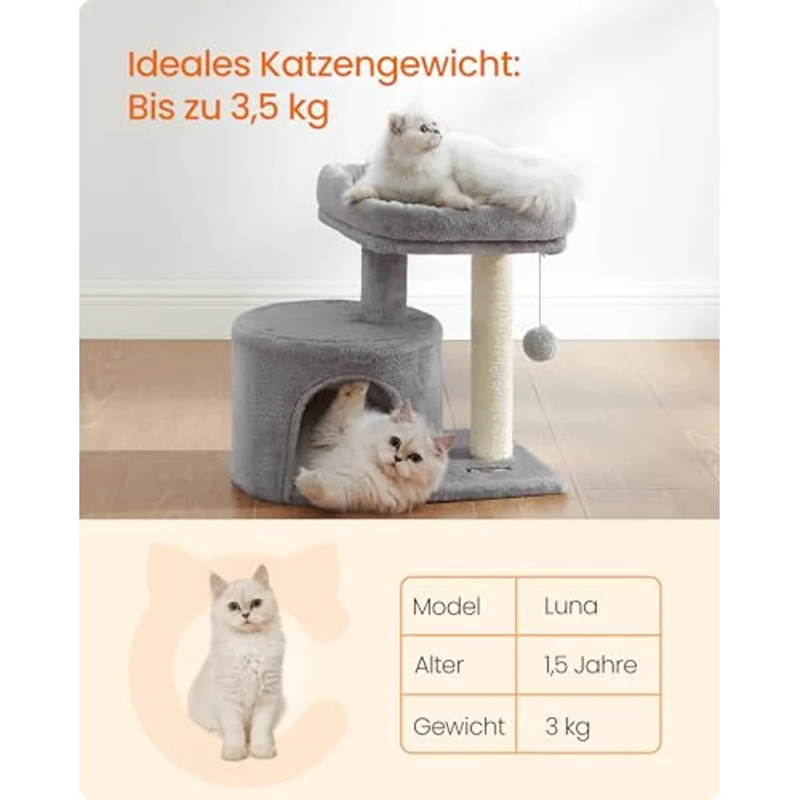 Feandrea Kratzbaum PCT50W, kleiner Katzenbaum mit Sisalstamm und gepolsterter Plattform für Kätzchen, hellgrau – Bild 5