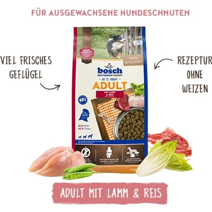 bosch HPC Adult mit Lamm & Reis, weizenfreies Hundetrockenfutter für ausgewachsene Hunde, 1 kg – Bild 3