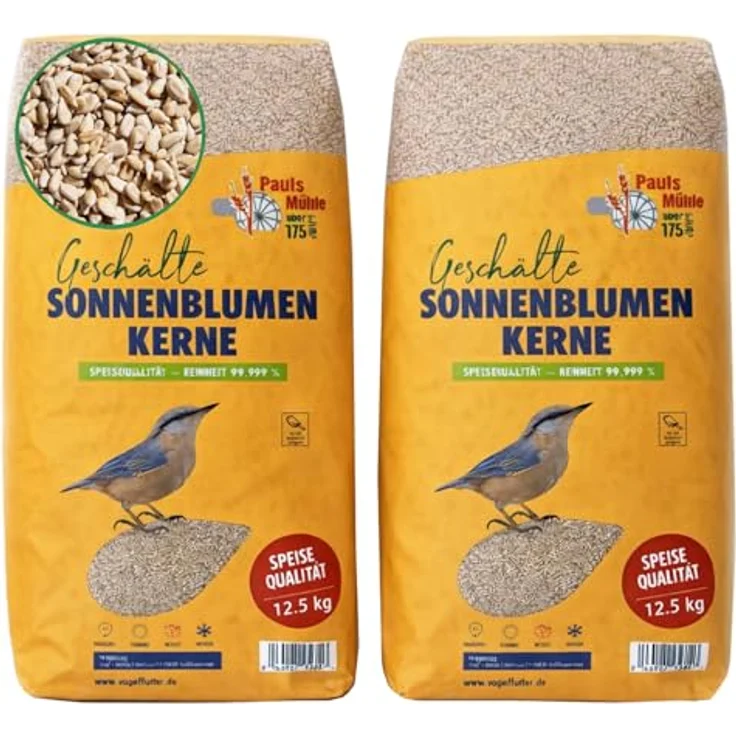 Paul´s Mühle Sonnenblumenkerne geschält, Vogelfutter 25 kg (2 x 12,5 kg) für ganzjährige Fütterung, Neue Ernte 2025 – Bild 1