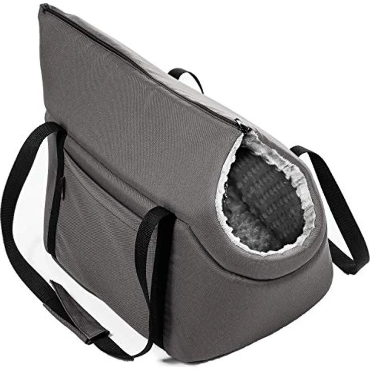 BOUTIQUE ZOO Hundetasche L, Grau, Plüschstoff mit Noppen, für Hunde bis 15 kg, inklusive abnehmbarer Holzeinlage und Metallhalsband – Bild 3