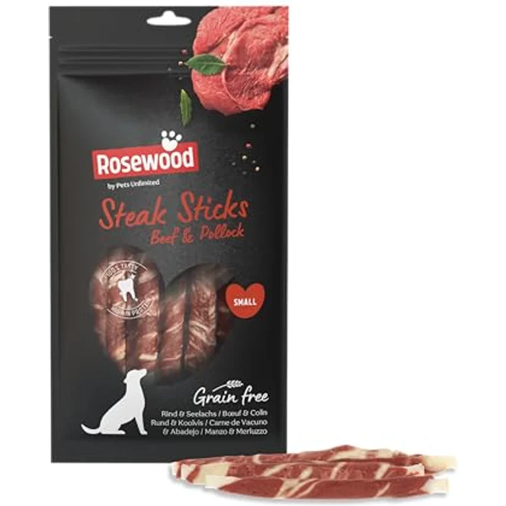 Rosewood Steak Sticks Rind & Seelachs Small, Kausnack aus Rinderhaut für Hunde, ohne Getreide, unterstützt die Zahnpflege, 90 g – Bild 1