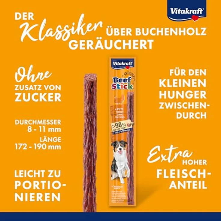 Vitakraft Beef Stick Pute, Hunde Trainingsleckerli ohne Zucker, 12g, mit hochfliegendem Echtfleischanteil – Bild 2