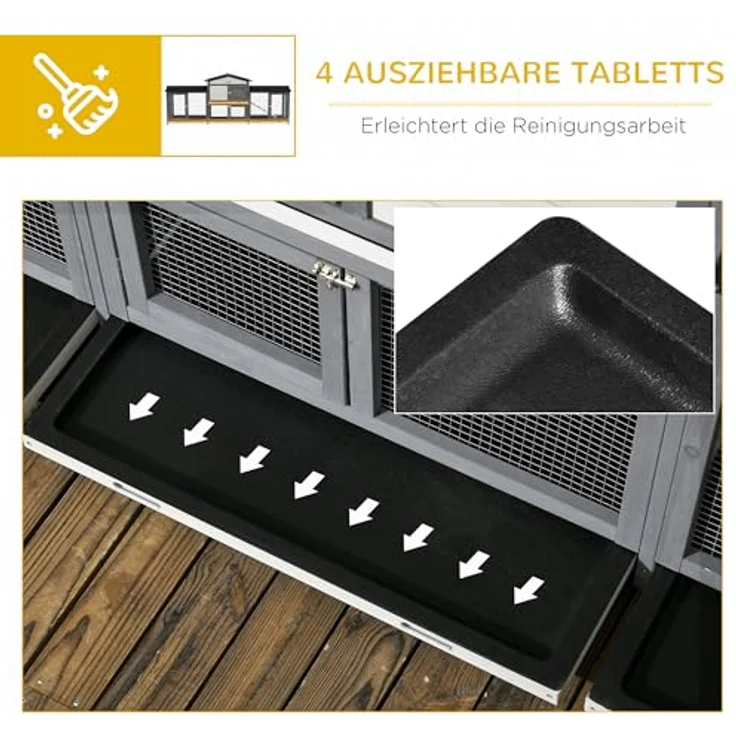 PawHut Hasenstall 2 Etagen, Kaninchenstall aus Holz 230 x 53 x 93,5 cm mit Rampe, Freilaufgehege, ausziehbaren Bodenwannen und Bitumendach, hellgrau – Bild 4