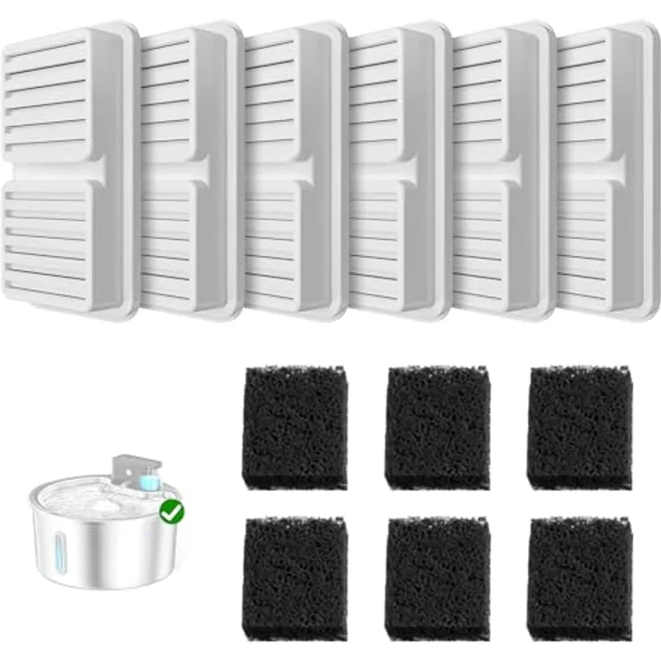 PawPoll Katzenbrunnenfilter, 6 Stück Kohlefilter + 6 Stück Schaumstofffilter für 3.2L Trinkbrunnen, Aktivkohle, gesundes Wasser