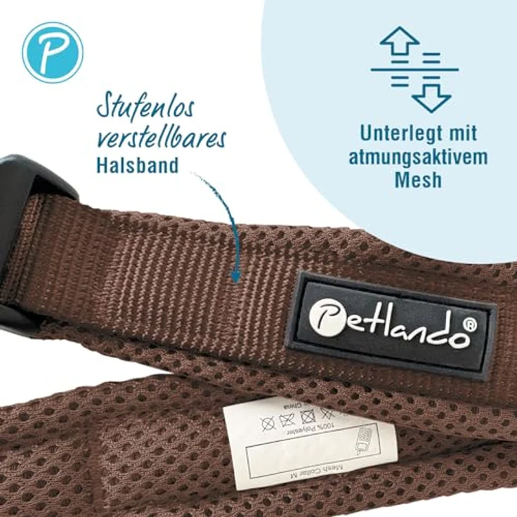 Petlando Mesh Hundehalsband, leicht, atmungsaktiv & weich gepolstert, stufenlos verstellbar, robust, M 45-50cm, Mokka – Bild 2