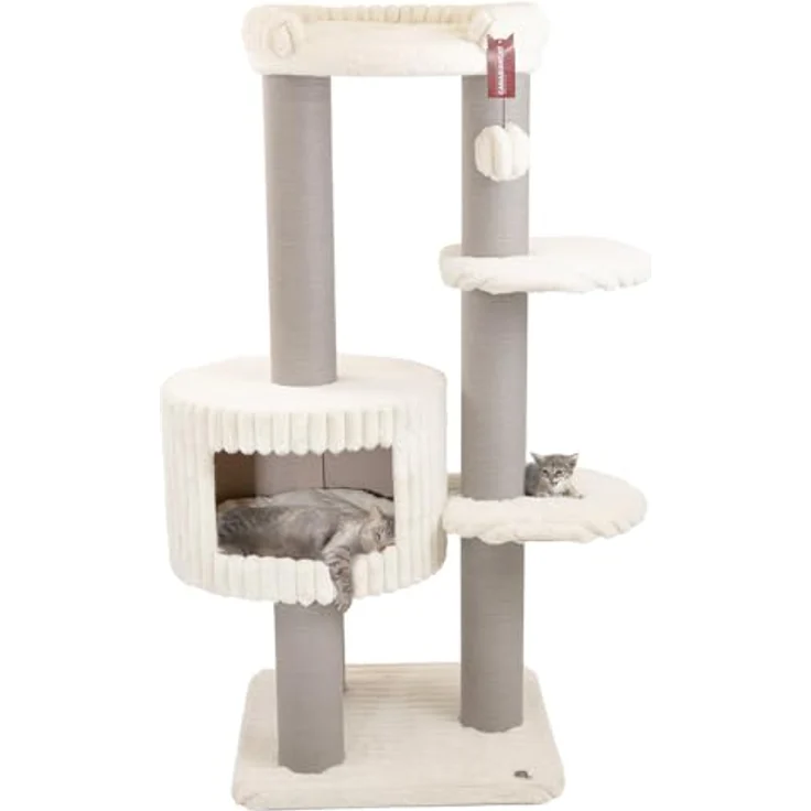 CanadianCat Company Kratzbaum Edward Beige, 158 cm hoch, Katzenbaum mit Höhle, Liegeplattform, Kratzsäulen und Spielzeug, 68 x 68 cm – Bild 1