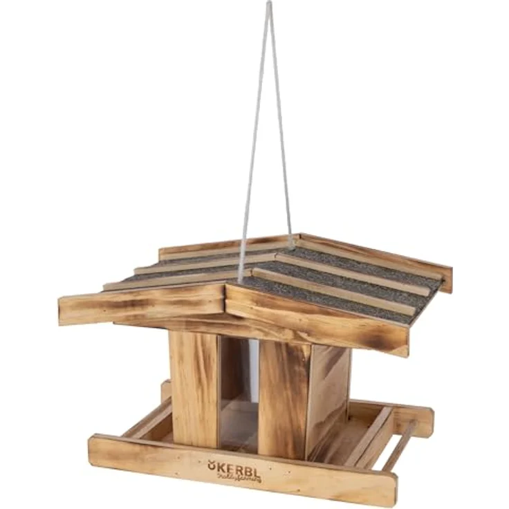 Kerbl Hobbyfarming 87044 Vogelfutterhaus, aus witterungsbeständigem Holz mit Glasscheibe zur Füllstandsanzeige, reißfester Kordel und Sitzstange für Vögel, natürliche Optik – Bild 1