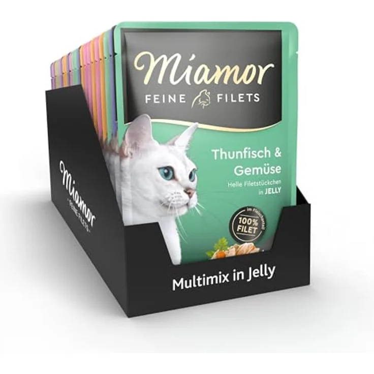 MIAMOR Feine Filets in Jelly Mixpaket, Nassfutter für ausgewachsene Katzen, fettarm, 24x100g mit 4 Sorten: Huhn & Thunfisch, Thunfisch & Krebs, Thunfisch & Calamari, Thunfisch & Gemüse – Bild 1