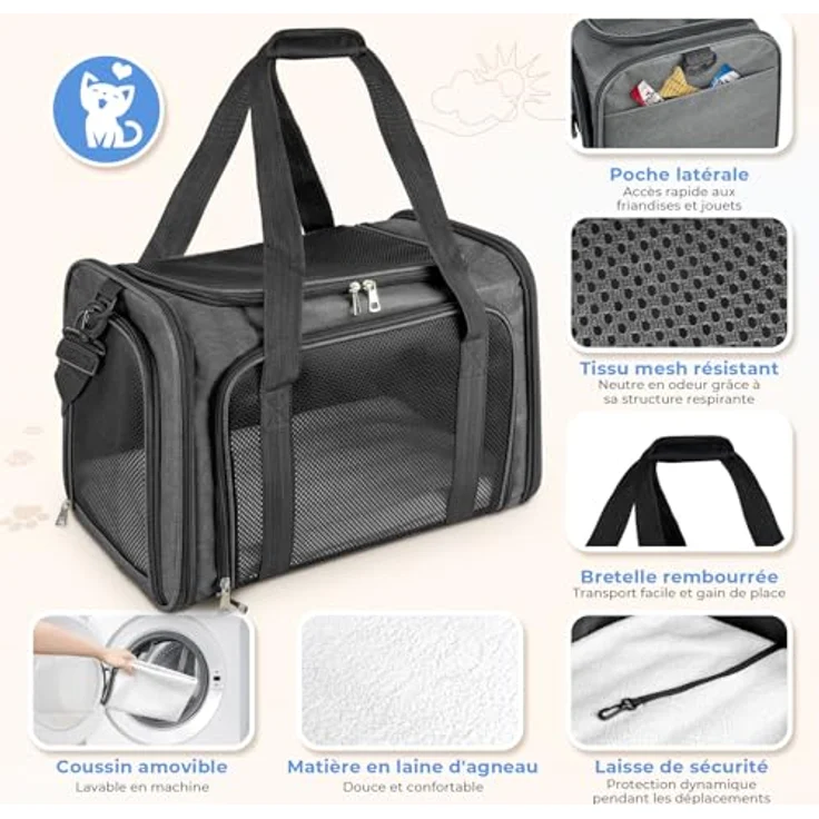 TOFFCAEA Transporttasche für Katzen und Hunde, faltbare Hundetransportbox, tragbar, bis 5 kg, dunkelgrau, L 50 x B 34 x H 34 cm – Bild 3