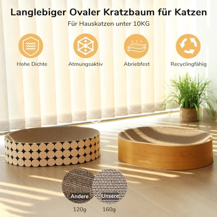 FUKUMARU Ovales Kratzbrett für Katzen, 2-in-1 Kratzmöbel und Lounge, hochwertige Wellpappe, Holzfarbe, ergonomisches Design für Komfort und Krallenpflege – Bild 3