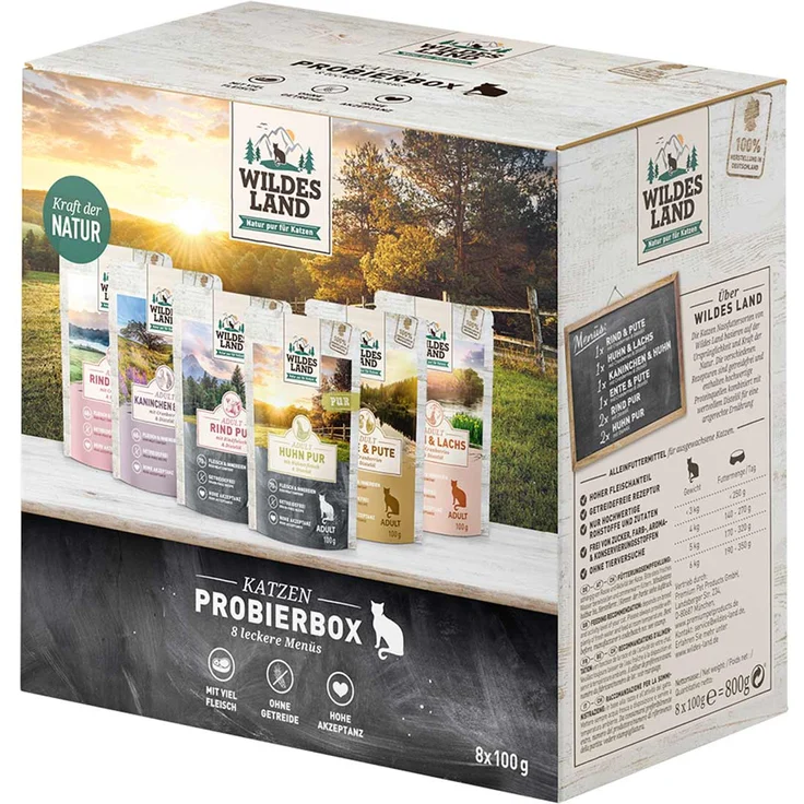 WILDES LAND 8er Pouch Probierbox, Getreidefreies Katzen-Nassfutter mit hochwertigen Proteinen, 8x100 g