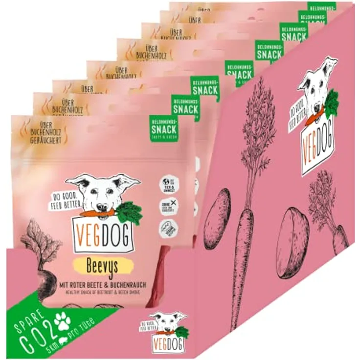VEGDOG Beevys hypoallergener Snack für Hunde, 100% vegan mit Roter Beete und Reis, 9 x 80 g, glutenfrei und geräuchert mit Buchenholz