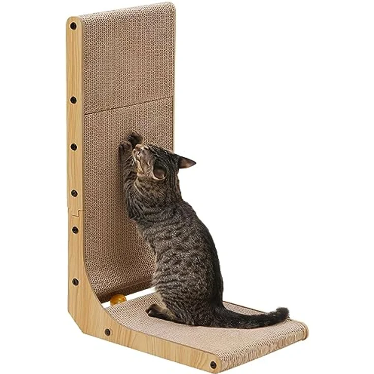 FUKUMARU Kratzbrett Katzen, 68 cm hohe L förmige Kratzpappe für Katzen, widerstandsfähig Katzenkratzbrett mit Ballspielzeug, Katzen Kratzmöbel aus hochwertiger Karton für Wand und Ecke, Groß – Bild 2