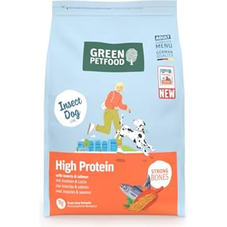 Green Petfood InsectDog High Protein, Trockenfutter mit Insekten & Lachs, getreidefrei, 3 kg, kleine Krokette für aktive Hunde
