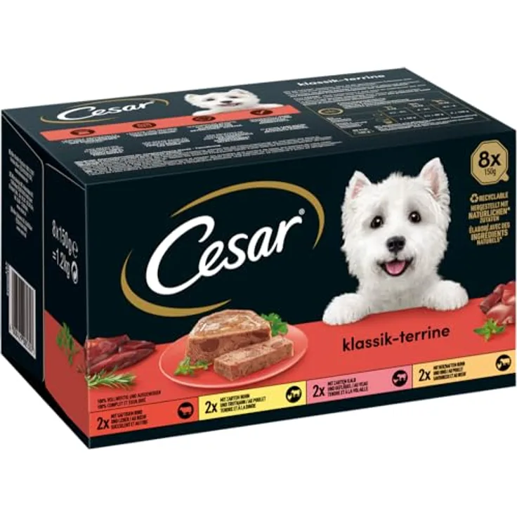 Cesar Classic Selection Mixkarton - Classic Terrine, Hunde-Nassfutter, 96 x 150 g, mit verschiedenen Geschmacksrichtungen, ohne Zuckerzusatz, natürliche Zutaten